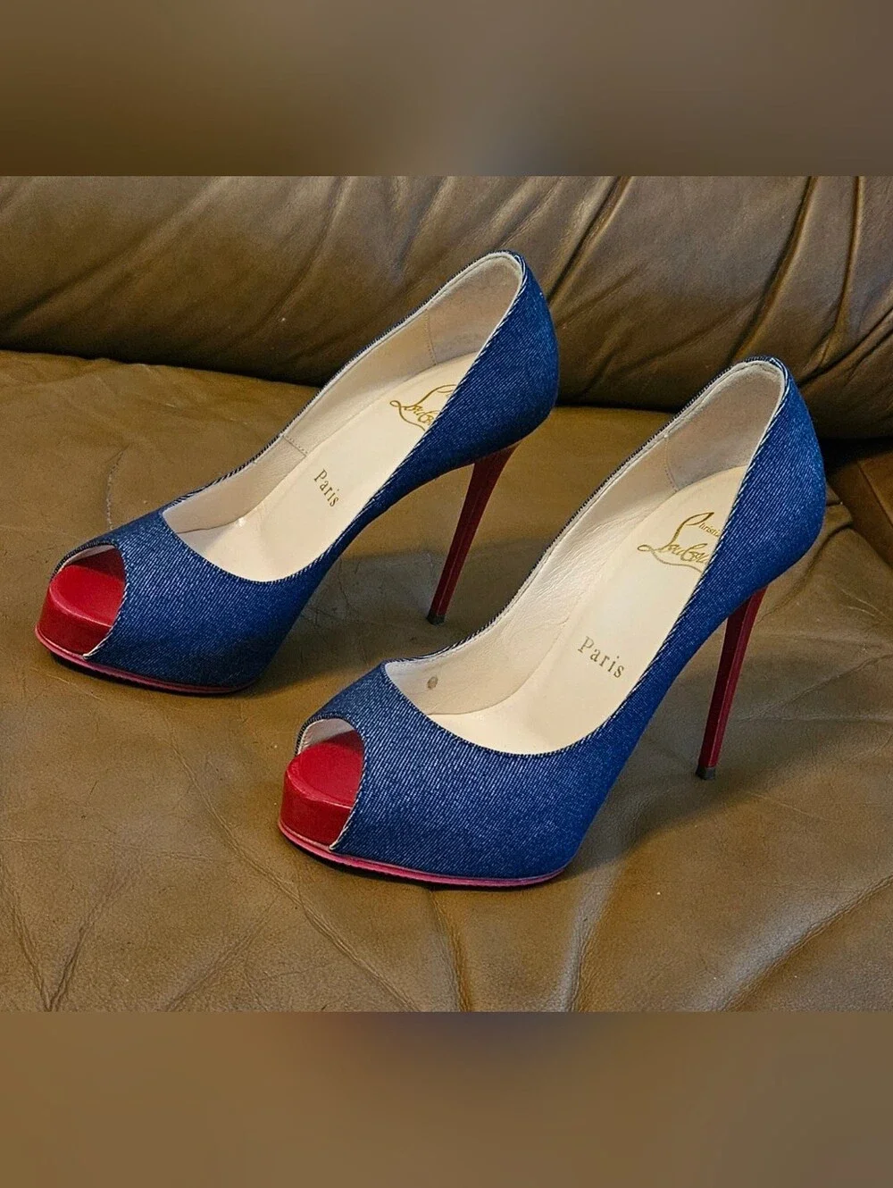 Christian Louboutin Denim Peep-Toe Platform Pump Heels Size 4 US